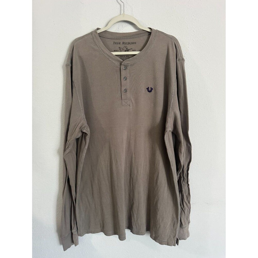 True Religion Men’s XXL Taupe Long Sleeve Henley Shirt Embroidered Logo Casual - Picture 2 of 7